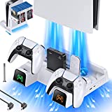PS5 Stand with Silent Cooling Fan, PS5 Cooling Station with Upgraded 3 Speeds, Pull-out Game Slots, PS5 Controller Charger, PS5 Charging Station, PS5 Accessories Stand for Playstation 5 Console