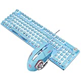 Basaltech Mechanical Gaming Keyboard and Mouse Combo, Retro Steampunk Vintage Typewriter-Style Keyboard with LED Backlit, 104-Key Anti-Ghosting Blue Switch Wired USB Metal Panel Round Keycaps, Blue