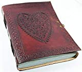 Leather Journal Heart Engraved Cute Handmade Writing Notebook 7 x 5 Inches Unlined Paper, Brown Antique Leather Bound Daily Diary Notepad for Men & Women Christmas New Year Gift Idea