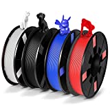 PLA 3D Printer Filament Bundle - 1.75 PLA Filament 1.75mm Bundle, PLA Bundle for 3D Printers, Dimensional Accuracy +/- 0.03mm, 0.25KG Each Spool, 4 Colors Bundle, Includes Black White Blue and Red