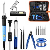 Soldering Iron Kit Electronics, 60W Soldering Welding Iron Tools with ON-Off Switch, 5pcs Soldering Iron Tips, Solder Sucker, Soldering Iron Stand, Tweezers, Solder Wire, Wire Cutter, PU Carry Bag