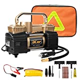 iKer Portable Air Compressor Heavy Duty Tire Inflator for Car, Truck, Suv,12V 70L/Min Double Cylinders Metal Air Pump 150PSI with LED Work Lights,11.5ft Extension Air Hose and Tire Repair Kit