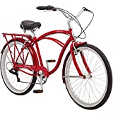 Schwinn Sanctuary 7 Comfort Cruiser Bike, Featuring Retro-Styled 18-Inch/Medium Steel Step-Over Frame and 7-Speed Drivetrain with Front and Rear Fenders, Rear Rack, and 26-Inch Wheels, Red