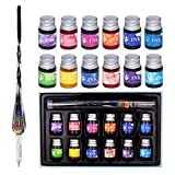 Glass Dip Pen Ink Set, Calligraphy Dip Pens, Rainbow Crystal Calligraphy Pen and Ink Set with 12 Colorful Inks, Caligraphy Kits for Art, Writing, Signatures, Decoration, Gift