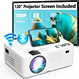 5G WiFi Bluetooth Projector, Full HD Native 1080P Projector 12000Lumens with Wireless Mirroring Screen, Compatible with TV Stick/HDMI/DVD Player/AV for Theater Movies [120' Projector Screen Included]