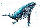 7Dots Art. Sea Animals. Watercolor Art Print, Poster 8'x12' (A4) on Fine Art Thick Watercolor Paper for Living Room, Bedroom, Bathroom, Kid's Room. Wall Art Decor with Sea Animals. (Whale)