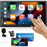 Double Din Car Stereo Radio Voice Control Apple Carplay & Android Auto, 7In HD LCD Touch Screen Bluetooth 5.2, MP5 Player with Mirror Link, Backup Camera, USB/SD A/FM Audio Receiver, Subwoofer