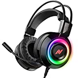 ABKONCORE CH60 Gaming Headset with True 7.1 Surround Sound for PC, PS4, Laptop, Bass Vibration, Noise Cancelling, Soft Earmuffs Headphones with Mic, LED Light, in-line Controller for FPS Games