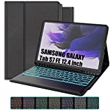 Keyboard Case for Samsung Galaxy Tab S7 FE - 12.4 Inch - CRIBUN 7 Colors Backlit Smart Wireless Waterproof Detachable Magnetic Tablet Keyboard - Black Hard Shockproof Slim Protective Leather Cover