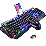 Wireless Gaming Keyboard and Mouse,Rainbow Backlit Rechargeable Keyboard with 3800mAh Battery Metal Panel,Mechanical Feel Keyboard and 7 Color Mute Gaming Mouse for Windows Computer Gamers(Rainbow)
