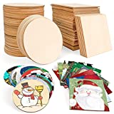 JamBer 100 Pcs Wood Slices, 4x4 Inch Unfinished Wood Pieces for Cricut xTool Glowforge, Blank Wooden Coasters for Crafts Home Wall Decoration Scrabble Tiles, 50 Pcs Wood Squares, 50 Pcs Wood Circles