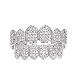 HH Bling Empire Iced Out Diamond Teeth Grillz for Men Women Hip Hop Silver Gold Grills for your teeth Top and Bottom,Rapper Costume Teeth Jewelry and Accessories (Silver)