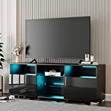 IKIFLY Modern LED TV Stand for 65 inch TV, Black Entertainment Center with LED Lights and Storage Cabinets, High Glossy Media Console for Living Room Bedroom