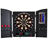 Bullshooter Electronic Dart Board Cabinet Set Home Bar Game Room Playroom Wooden Cabinet Doors LCD Display for Up to Eight Players - 34 Games 183 Variations - 2 Sets of Soft Tip Darts