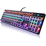 Typewriter Style Mechanical Gaming Keyboard, Black Retro Punk Gaming Keyboard with RGB Backlit, 104 Keys Blue Switch Wired Cute Keyboard, Round Keycaps for Windows/Mac/PC