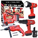JOYIN 4-in-1 Realistic Construction Tool Toy Electric Tool Playset Construction Pretend Play STEM Tool Toy Kit with Working Functions Including Flashlight, Saw Tools and Electric Drill