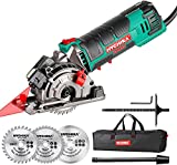 Mini Circular Saw, HYCHIKA Compact Circular Saw Tile Saw with 3 Saw Blades 4A Pure Copper Motor, 3-3/8”4500RPM Ideal for Wood, Soft Metal, Tile and Plastic Cuts, Laser Guide, Scale Ruler