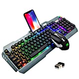 Wireless Gaming Keyboard and Mouse,16 Kinds RGB LED Backlit Rechargeable Keyboard Mouse with 4800mAh Battery Metal Panel,Mechanical Feel and Gaming Mute Mouse for Computer Gamers(Black RGB Backlit)