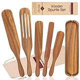Wooden Spurtle Set-Spurtles Kitchen Tools As Seen On Tv-5 Spurtle Wooden Cooking Utensils + Spurtle Spoon Rest-Non Stick, Heat Resistant Spurdle Set Made of Premium Acacia Wood