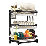 X-cosrack Dish Drying Rack Stainless Steel Dish Drainer with Drainboard Utensil Holder for Plates Bowls Cups for Kitchen Countertop, Detachable, 3 Tier, Black Patent Pending...