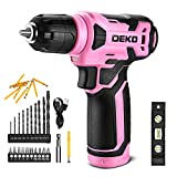 DEKO 8V Cordless Drill, Drill Set with 3/8'Keyless Chuck, 42pcs Acessories, Built-in LED, Type-C Charge Cable, Pink Power Drill for Drilling and Tightening/Loosening Screws