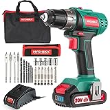 Cordless Drill Driver 20V, HYCHIKA Power Drill Set 310 In-lbs Torque,1500 RPM,2.0Ah Battery, 1H Fast Charger, 21+1 Clutch, 2 Variable Speed & Built-in LED for Drilling Wood, Metal and Plastic