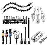 MXiiXM Flexible Drill Bit Extension Hex Shank Kit 25Pcs, 105° Right Angle Drill Attachment, 1/4 3/8 1/2' Rotatable Socket Adapter Set, Universal Socket Wrench, Drill Bit Holder Screwdriver with Box