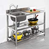 Free Standing Stainless-Steel Single Bowl Commercial Restaurant Kitchen Sink Set w/ Faucet & Drainboard, Prep & Utility Washing Hand Basin w/ Workbench & Double Storage Shelves Indoor Outdoor (47in)