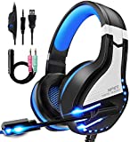 NPET HS10 Stereo Gaming Headset for PS4 PC Xbox One PS5 Controller, Noise Cancelling Over Ear Headphones with Mic,LED Light, Bass Surround, Soft Memory Earmuffs for Laptop Mac Nintendo NES Games