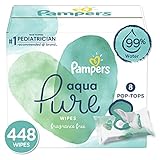 Baby Wipes, Pampers Aqua Pure Sensitive Water Baby Diaper Wipes, Hypoallergenic and Unscented, 8X Pop-Top Packs, 448 Count (Packaging May Vary)