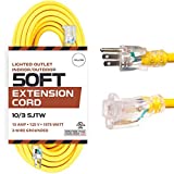 Iron Forge Cable 50 Foot Lighted Outdoor Extension Cord - 10/3 SJTW Yellow 10 Gauge Extension Cable with 3 Prong Grounded Plug for Safety, 15 AMP - Great for Garden and Major Appliances