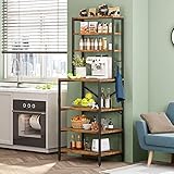 AMOSIC Industrial Kitchen Baker’s Rack, Multiuse 7-Tier Metal Kitchen Bakers Rack, 6 S-Hooks, Floor Standing Spice Rack Organizer Workstation, for Microwave, Spice Jars, Pots and Pans, Rustic Brown