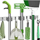 Broom Mop Holder Wall Mount Cleaning Tool holder Rack Storage Garage Tool Organizer Broom Hanger Rack Hook Stainless Steel Broom Holder Wall Mount Broom Storage for Home Kitchen Bathroom Garden Garage