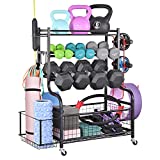 PLKOW Dumbbell Rack, Weight Rack for Dumbbells, Home Gym Storage for Dumbbells Kettlebells Yoga Mat and Balls, All in One Workout Storage with Wheels and Hooks, Powder Coated Finish Steel