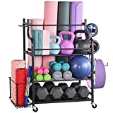 Mythinglogic Yoga Mat Storage Racks,Home Gym Storage Rack for Dumbbells Kettlebells Foam Roller, Yoga Strap and Resistance Bands, Workout Equipment Storage Organizer With Hooks and Wheels