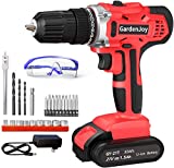 GardenJoy Cordless Power Drill Set: 21V Electric Drill with Fast Charger 3/8-Inch Keyless Chuck 2 Variable Speed 24+1 Torque Setting Power Tools Kit and 25pcs Drill/Driver Bits
