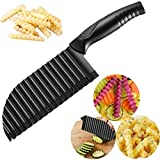 YukaBa Crinkle Potato Cutter 2.9' x 11.8' Stainless Steel Waves French Fries Slicer Handheld Chipper Chopper, Vegetable Salad Chopping Knife Home Kitchen Wavy Blade Cutting Tool, Black