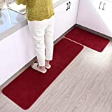 ITSOFT 2pc Non-Slip Kitchen Rug Set Polyester Dirt Trapper Indoor Outdoor Doormat Runner Rug, 59 x 17.5 Inches + 29.5 x 17.5 Inches, Red & Black