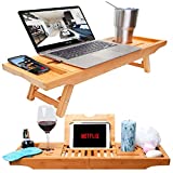 Bamboo Bathtub Tray & Bed Laptop Desk with Foldable Legs, Latest Unique Zen Design Bathtub Caddy, Top Quality Bamboo Bathtub Caddy Tray with Adjustable Legs, Wine Glass & iPad Holder by Bambooware