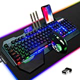Wireless Gaming Keyboard Mouse & Mouse Pad Combo,3 in 1 Rainbow Backlit Rechargeable Keyboard with 3800mAh Battery Metal Panel Removable Hand Rest,RGB Gaming Mouse Pad(32.5x12 inch),Mute Gaming Mice