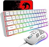60% Wired Gaming Keyboard and Mouse Combo,RGB Backlit Ultra-Compact Mini 61 Keys Mechanical Feel Keyboard,RGB Backlit 2400 DPI Lightweight Gaming Mouse with Honeycomb Shell for PC/Mac (White Set)