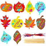 60 Pieces Thanksgiving Scratch Paper Art Set, Fall Scratch Craft Art Colorful Fall Leaves with 60 Pcs Colored Ribbons 10 Pcs Bamboo Sticks for Kids Autumn DIY Supplies