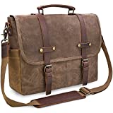 Mens Messenger Bag 15.6 Inch Waterproof Vintage Genuine Leather Waxed Canvas Briefcase Large Leather Computer Laptop Bag Rugged Satchel Shoulder Bag, Brown