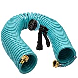 AUTOMAN-Garden-Water-Hose-Recoil,50 Feet EVA Curly Water Hose with Brass Connectors,Watering Hose Coil,Includes 7-Pattern Function Sprayer,Retractable,Corrosion Resistant Garden Coil Hose.