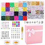 7000 Pcs Clay Beads for Bracelets Making,6mm 24 Colors Flat Round Polymer Clay Heishi Beads with Smile Face Beads Letter Bead Pendant Elastic Strings for DIY Jewelry Making Kit Bracelets Necklace