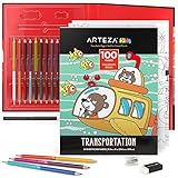 Arteza Kids Coloring Book and Pencils Set, 8.5x11 Inch, Transportation Illustrations, 50 Double-Sided Sheets, 100lb Paper, 12 Double-Ended Colored Pencils in 24 Colors, Kids Activities Art Supply