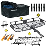 Mockins 60x20x6 Folding Cargo Carrier Hitch Mount Steel Cargo Basket |500lb Capacity Hitch Mount Cargo Carrier | Trailer Hitch Cargo Carrier with Waterproof Cargo Bag and Net| Hitch Rack Cargo Trailer