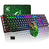 Wieless Gaming Keyboard and Mouse Combo Rainbow Backlight Quiet Ergonomic Mechanical Feeling Anti-ghosting Keyboard Mouse with Rechargeable 4000mAh Battery Mouse Pad for Computer Mac Gamer