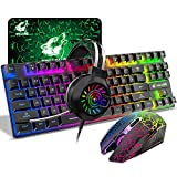 Wireless Gaming Keyboard Mouse and Wired Headphone with Ergonomic 87 Key Rainbow Backlight Rechargeable 3800mAh Battery Mechanical Feel Anti-ghosting Mouse pad for PC Laptop Gamer Typist(Black RGB)