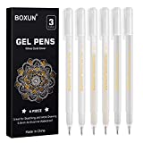 BOXUN Premium 3 Colors Gel Pen Set - White, Gold and Silver Gel Ink Pens for Black Paper Drawing, Sketching, Illustration Deisgn and Adult Coloring Book, Pack of 6